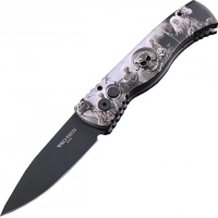 Автоматический складной нож Pro-Tech TR-2.4H1. Bruce Show Skull, клинок черный, сталь 154CM, рукоять алюминий, рисунок скелеты пиратов купить в 