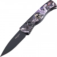 Автоматический складной нож Pro-Tech TR-2.4H1. Bruce Show Skull, клинок черный, сталь 154CM, рукоять алюминий, рисунок скелеты всадников купить в 